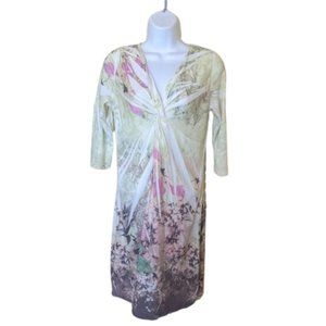 ---  Yellow-Green and Pink Faux Wrap Stretch Dress Size Medium